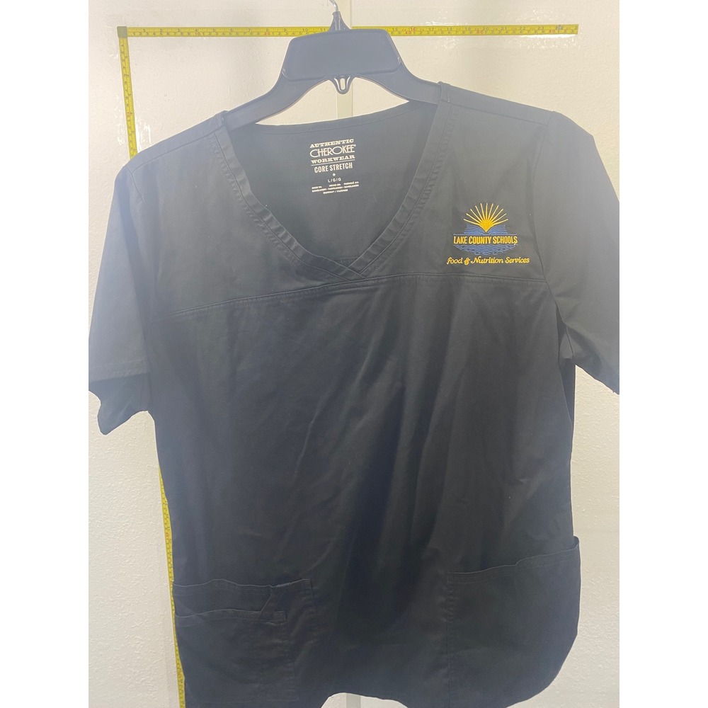 Cherokee Workwear Core Stretch Scrub Top Black V-Neck‎ Lake County Schools Large